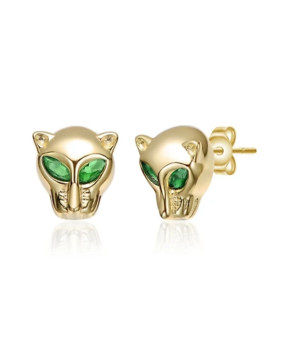 Rachel Glauber Green Cz Animal Face Stud Earrings in 14K Gold Plated