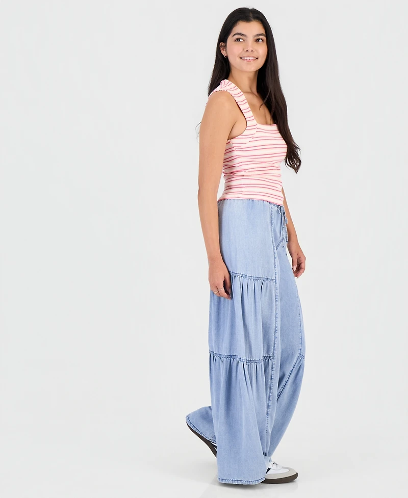 Madden Girl Juniors' Chambray Tiered-Leg Drawstring Pants