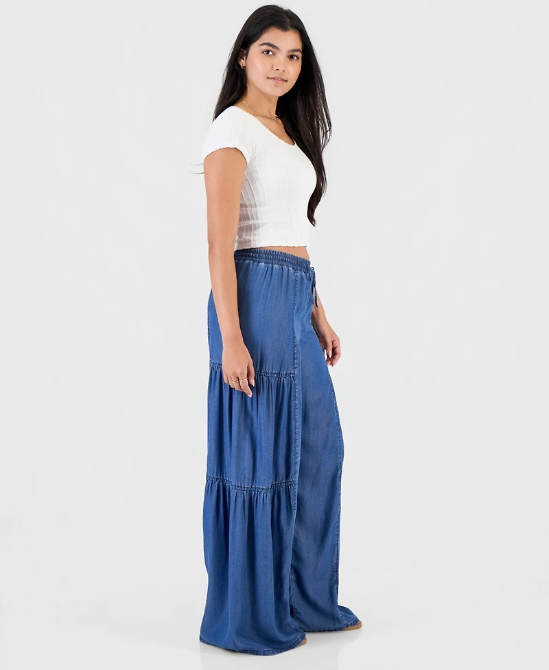 Madden Girl Juniors' Chambray Tiered-Leg Drawstring Pants