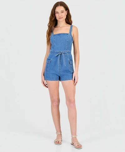 Tinseltown Juniors' Sleeveless Drawstring-Waist Denim Romper
