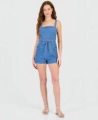 Tinseltown Juniors' Sleeveless Drawstring-Waist Denim Romper