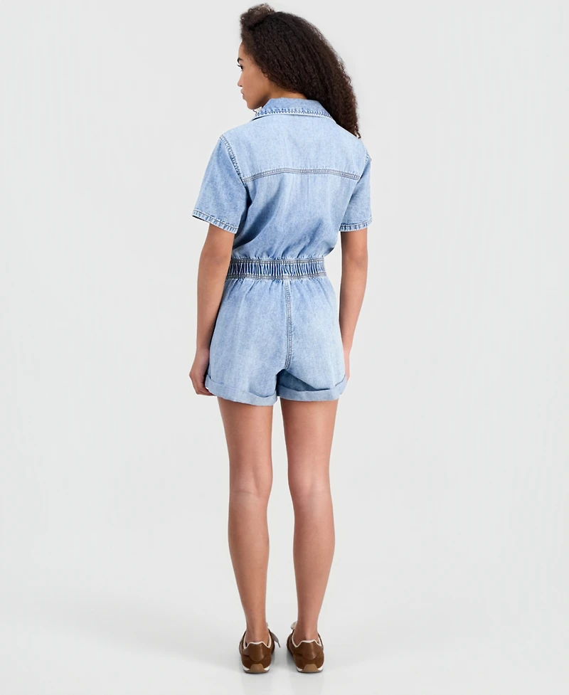 Celebrity Pink Juniors' Denim Short-Sleeve Romper
