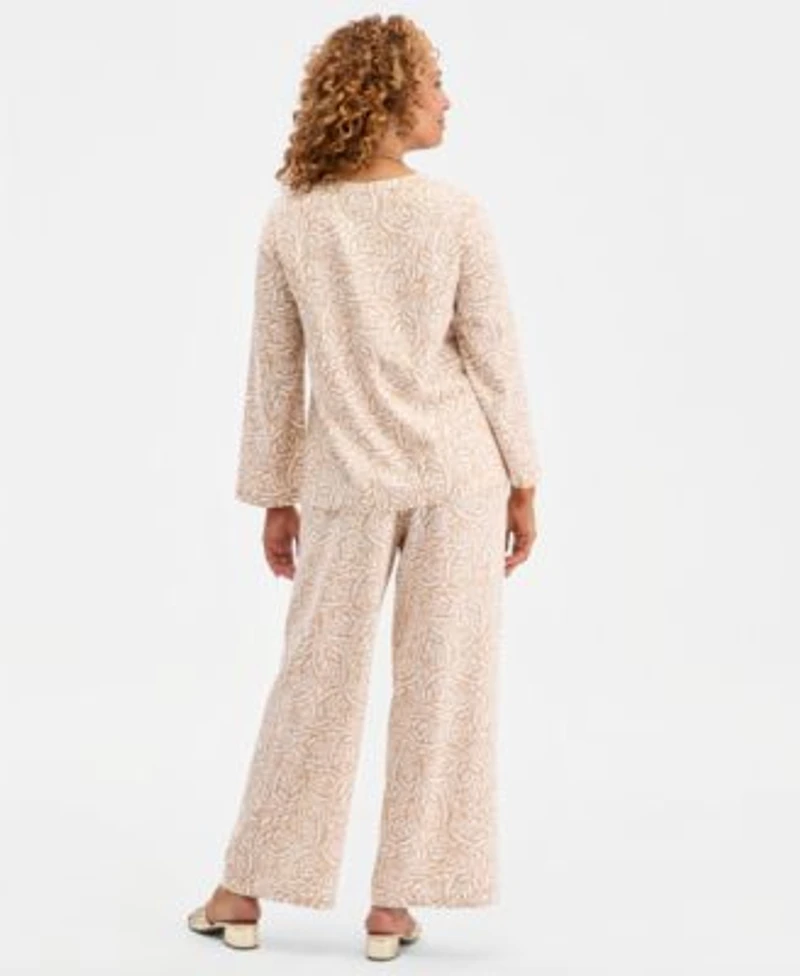 Jm Collection Womens Printed Lace Up Linen Blend Top Pull On Pants Macys Exclusive