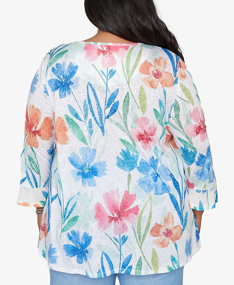 Alfred Dunner Plus Caribbean Blues Whimsical Flower Bell-Sleeve Top