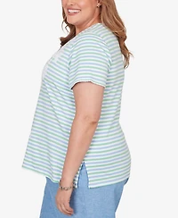 Alfred Dunner Plus Caribbean Blues Highlight Flower Striped Top