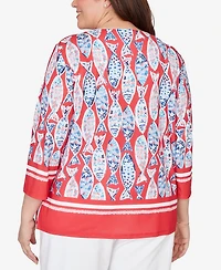 Alfred Dunner Plus Port Side Mosaic Fish Split Beaded Neck Top