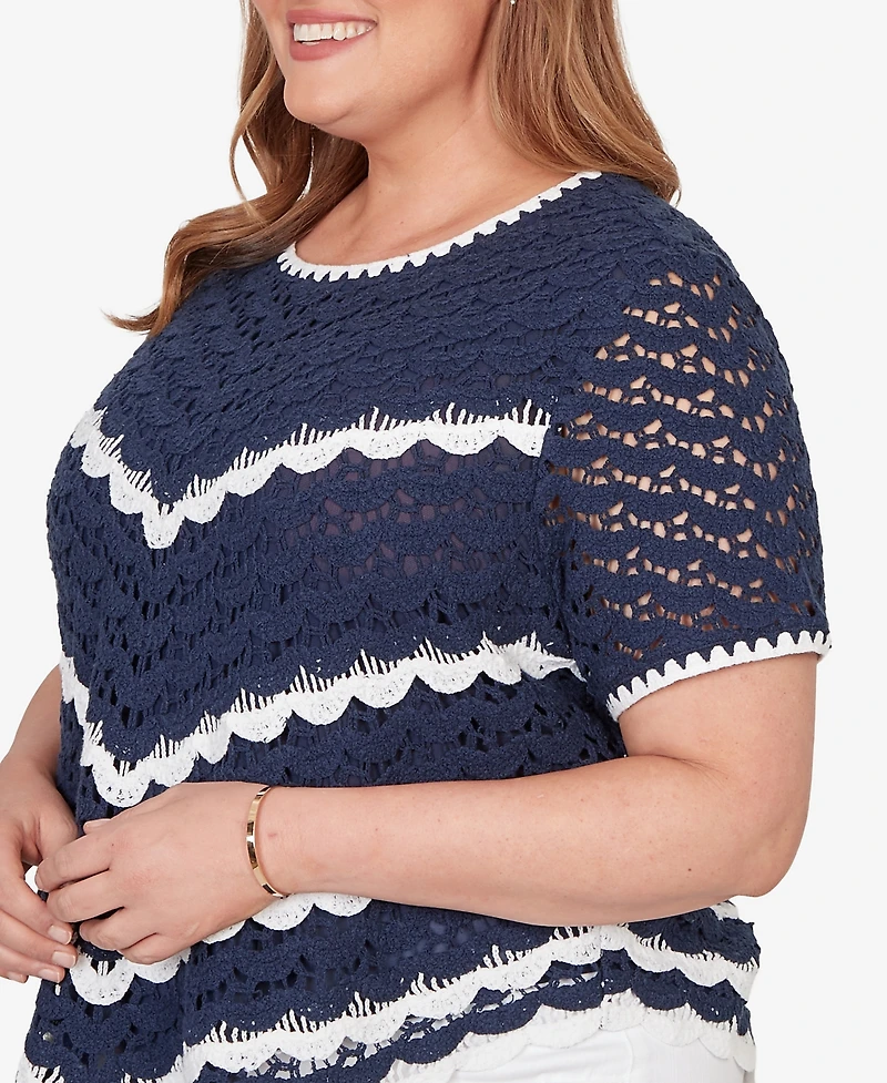 Alfred Dunner Plus Port Side Chevron Crochet Short-Sleeve Top