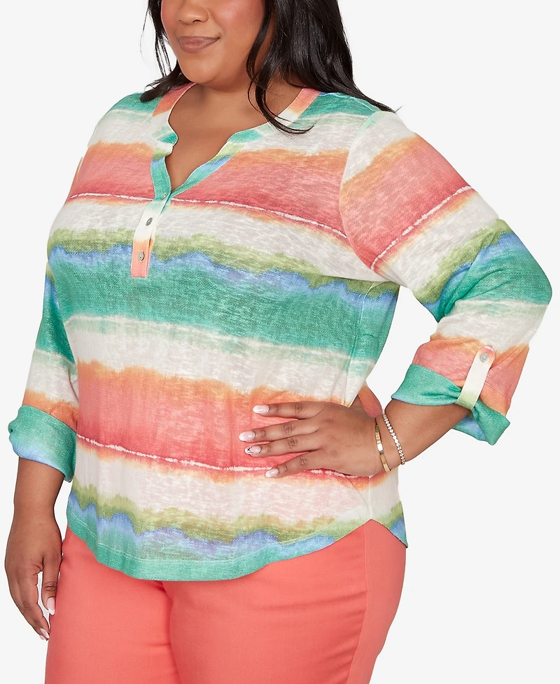 Alfred Dunner Plus Resort Living Biadere Tie Dye Stripe Henley Top