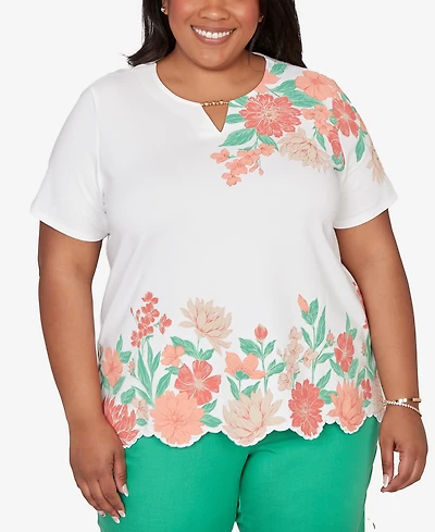 Alfred Dunner Plus Resort Living Floral Scallop Border Top