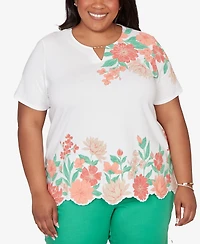 Alfred Dunner Plus Resort Living Floral Scallop Border Top