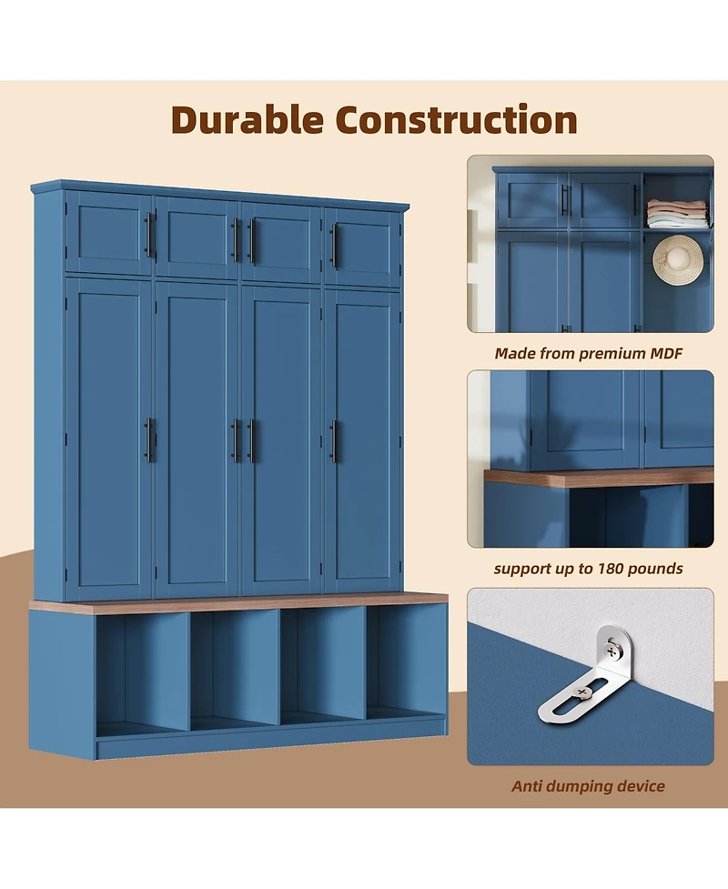 Clihome Farmhouse Hall Tree Walnut Seating Bench with 4 Hanging Hooks for Living Room