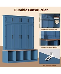 Clihome Farmhouse Hall Tree Walnut Seating Bench with 4 Hanging Hooks for Living Room