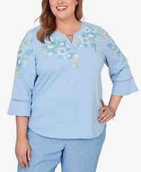 Alfred Dunner Plus Caribbean Blues Floral Embroidered Split Neck Top