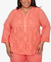 Alfred Dunner Plus Resort Living Textured Lace Scroll Henley Top