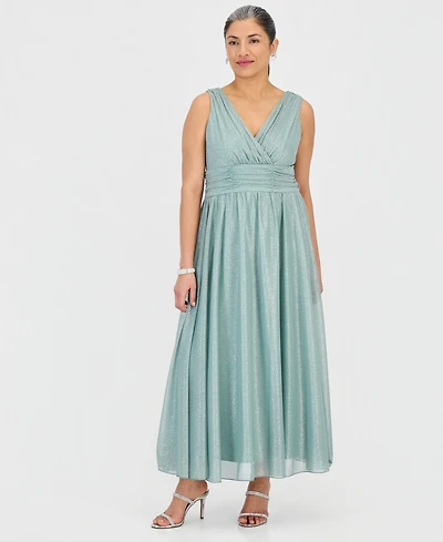 Connected Petite Surplice-Neck Sleeveless Shimmer Dress