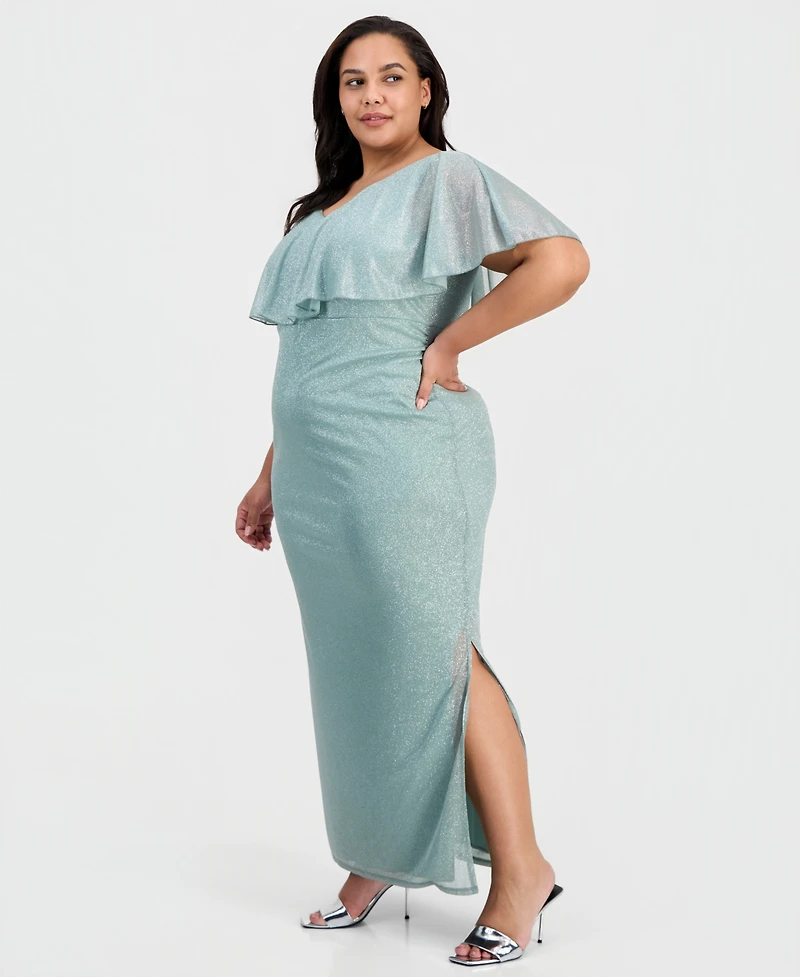 Connected Plus Cape-Overlay V-Neck Glitter Dress