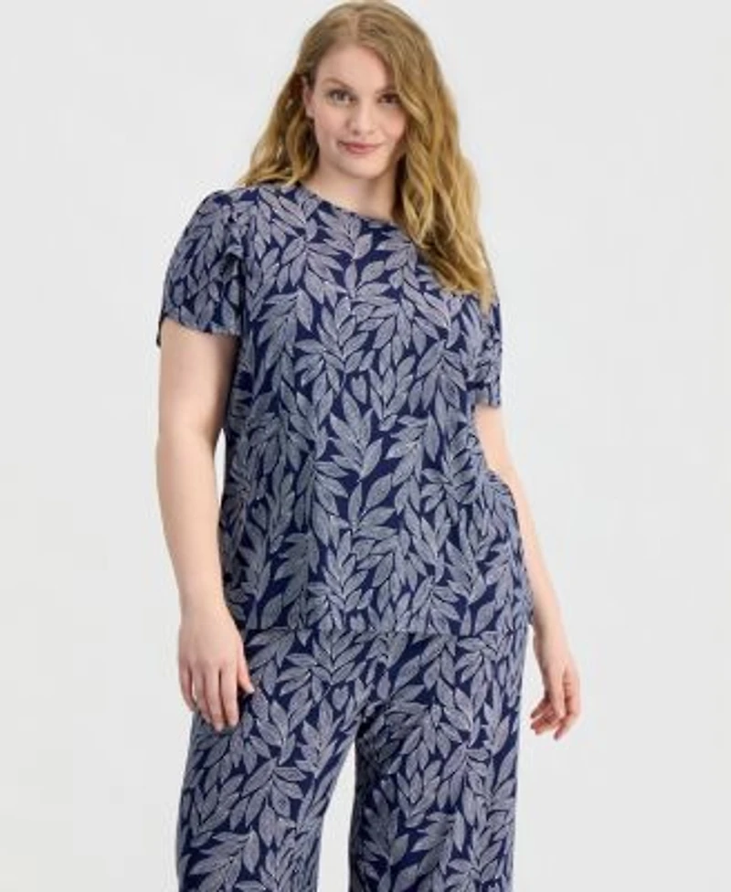 Anne Klein Essentials Plus Size Tulip Sleeve Top Wide Leg Cropped Pull On Pants