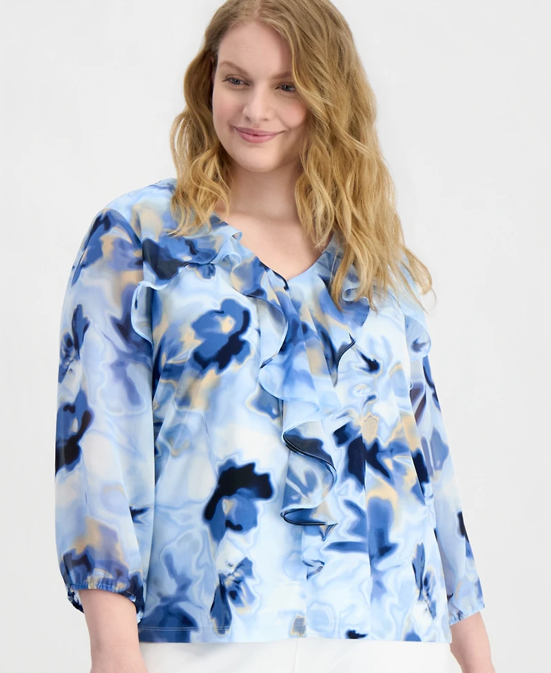 Anne Klein Plus Size Cascade Ruffle-Front Blouse