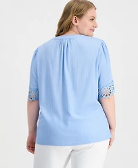 Anne Klein Plus Split-Neck Lace-Trim Elbow-Sleeve Top