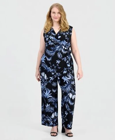 Anne Klein Plus Size V Neck Side Tie Wrap Top High Rise Wide Leg Pull On Pants