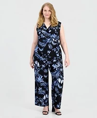 Anne Klein Plus Size V Neck Side Tie Wrap Top High Rise Wide Leg Pull On Pants