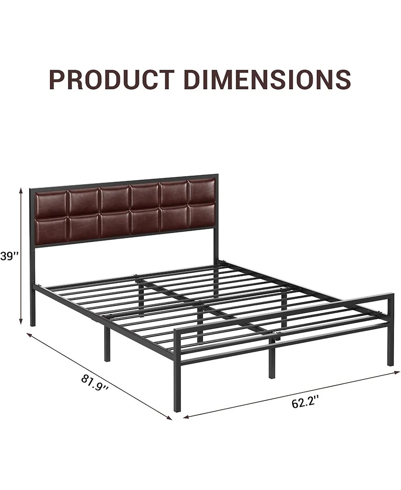 gaomon Queen Upholstered Metal Bed Frame with Square-Stitched Headboard, Faux Leather Platform Bed with Steel Slats Support, Box Spring Optional