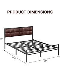 gaomon Queen Upholstered Metal Bed Frame with Square-Stitched Headboard, Faux Leather Platform Bed with Steel Slats Support, Box Spring Optional