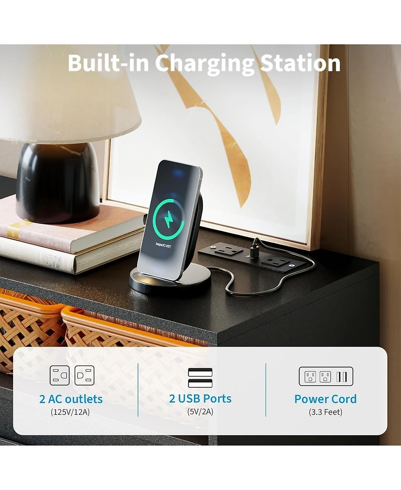 gaomon 8 Drawer Dresser with Charging Station and Led Lights, Modern Chest of Drawers with Power Outlet, Organizer Cabinet