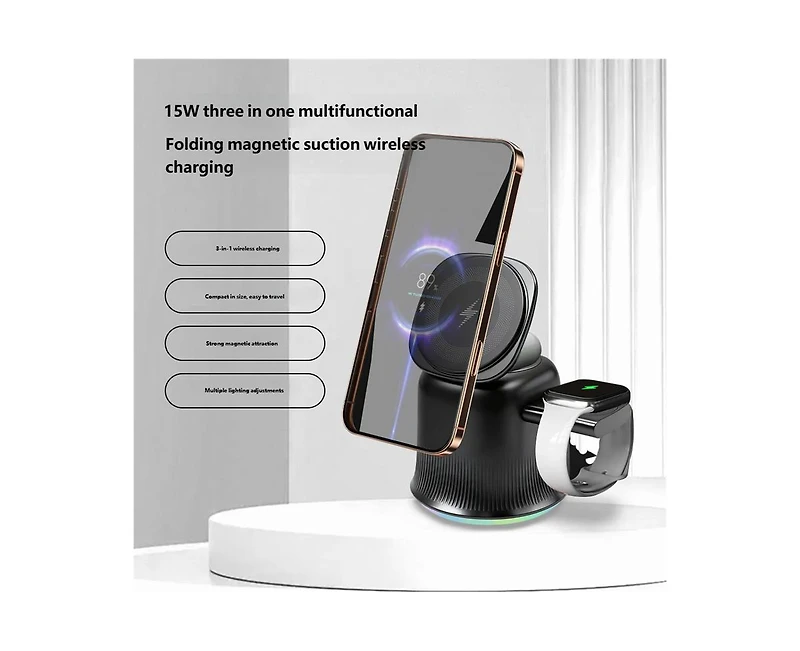 Risokeys 3-in-1 Wireless Charger with MagSafe - Compatible with Phone, Earphones and Watch, Magnetic Foldable Stand for Apple