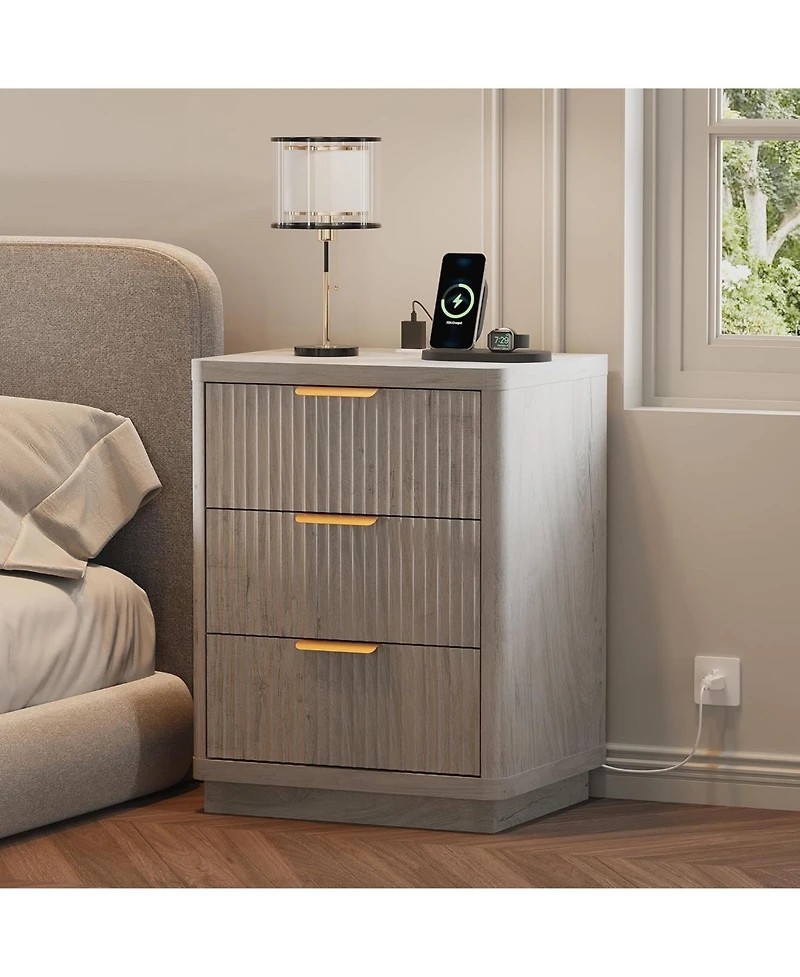 gaomon Fluted Nightstand with Charging Station, Mid Century Modern Fluted Nightstand