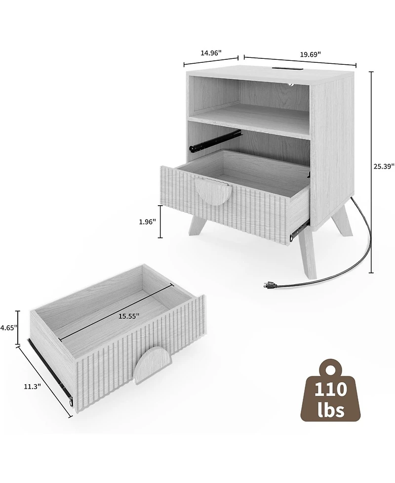 gaomon Fluted Night Stand Set of Wood Tall Nightstands with Charging Station, End Table with 2 Drawers
