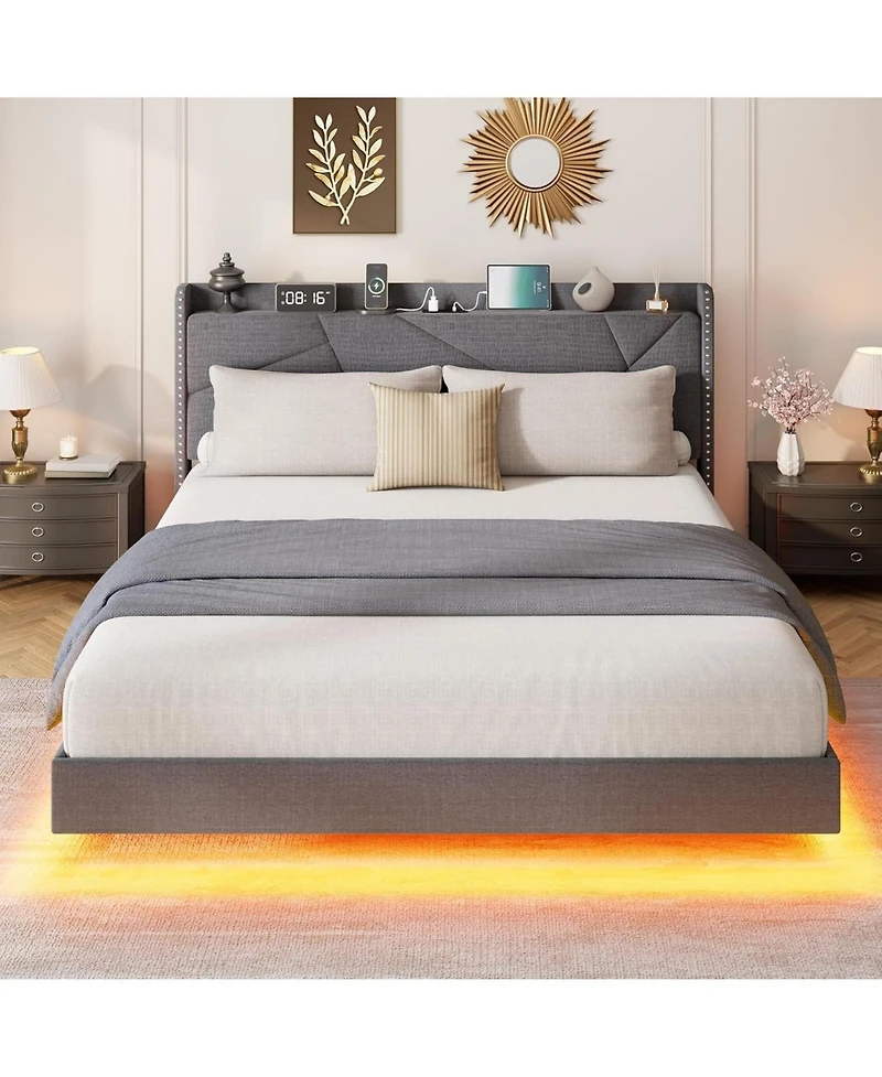 gaomon King Floating Bed Frame with Rgb Led Lights, Charging Station, Upholstered Platform, Storage Headboard, Button Tufted, No Box Spring