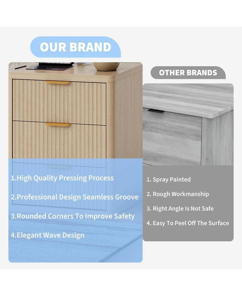 gaomon Fluted Nightstand with Charging Station, Bedside Table with 3 Drawers Storage Space.