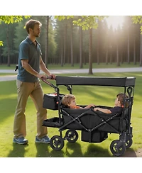 Mecale Wagon Stroller for 2 Kids, Collapsible Push Pull Quad with Adjustable Handle, Harness, Removable Canopy, 4 Wheels Brakes