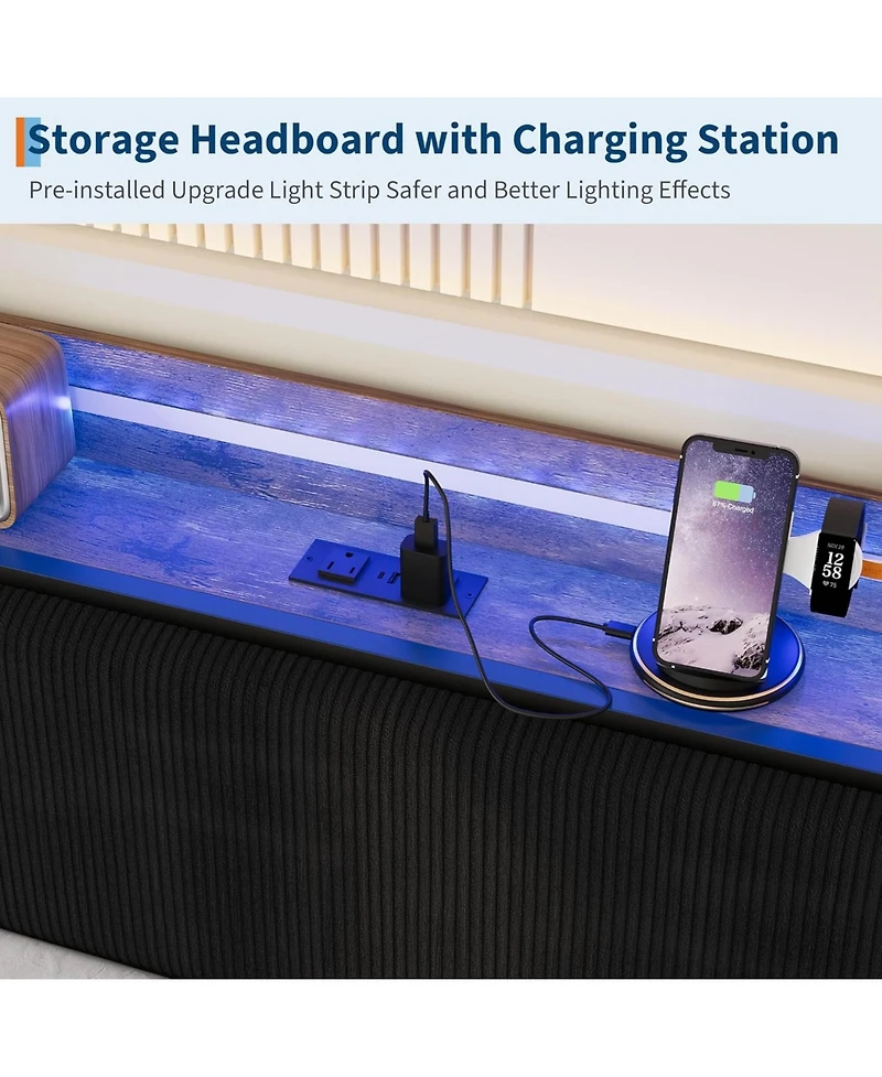 gaomon Daybed with Trundle & Led Light, Sturdy Metal Frame, Corduroy Headboard, Usb Charging