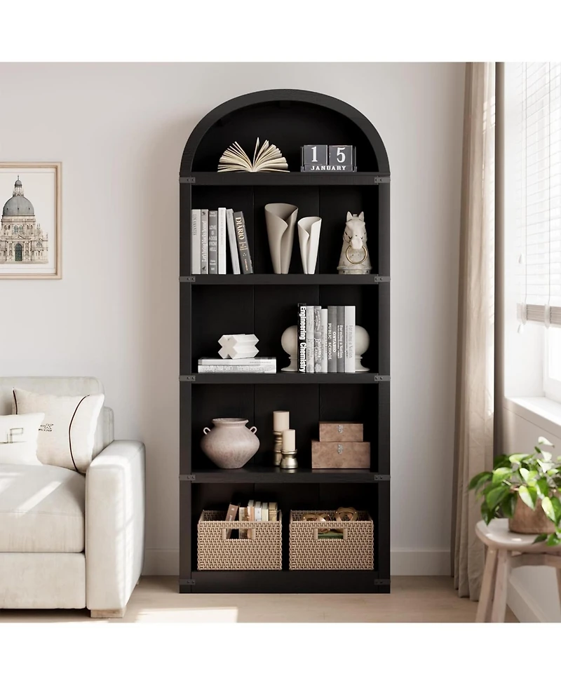 gaomon 71" Tall 5-Shelf Arched Bookcase – Farmhouse Wooden Bookshelf with Display Storage Rack, Freestanding for Home Office, Liv