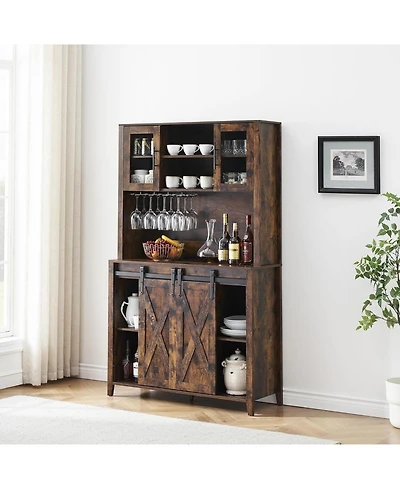 gaomon Rustic 70 Inch Tall Farmhouse Coffee Bar Cabinet with Sliding Barn Doors Ample Storage Shelves Wine Racks and Glass Holder
