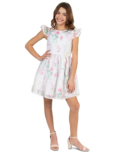 Rare Editions Girls' 7-16 Floral Windowpane Crochet Round Neck Dress