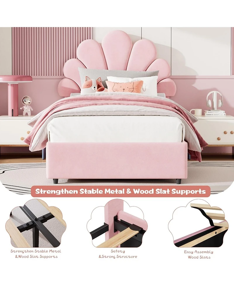 gaomon Twin Bed Frame for Kids with 2 Storage Drawers, Cute Velvet Princess Platform Upholstered Headboard Girls, Boys, Solid Wood