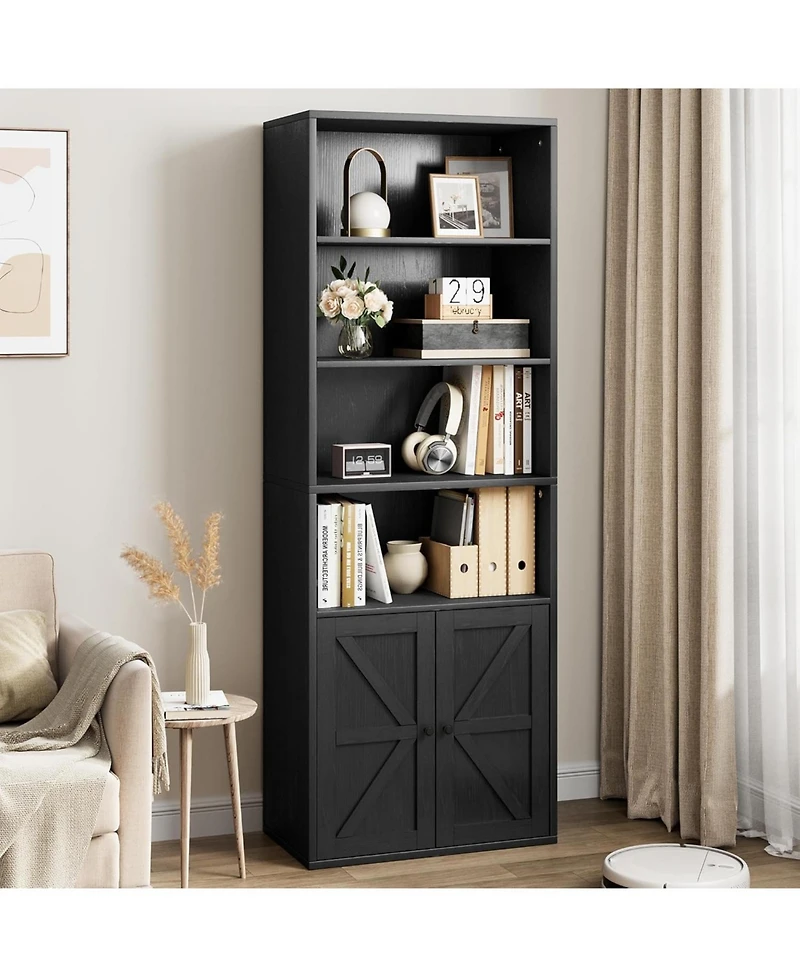 gaomon Industrial Bookcase with Doors – 6-Shelf Farmhouse Wooden Bookshelf, 11.8" Deep Display Storage Shelves for Bedroom, Living Room