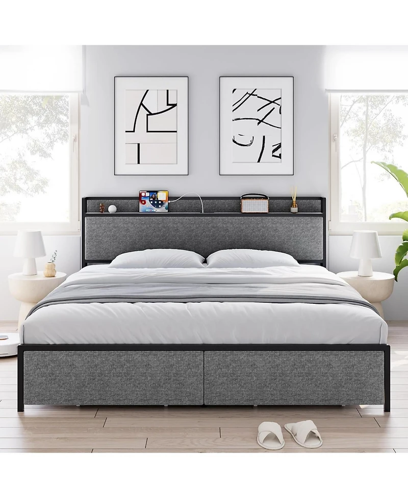 gaomon Size Bed Frame with Headboard and Storage, Drawers Platform Bed Frames with Outlets, Sturdy, Noiseless, No Box Spring Needed, Easy Assembly