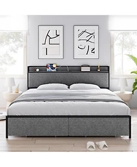 gaomon Size Bed Frame with Headboard and Storage, Drawers Platform Bed Frames with Outlets, Sturdy, Noiseless, No Box Spring Needed, Easy Assembly