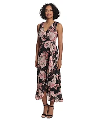 London Times Women's Side Tie Ruffle Wrap V-Neck Dress