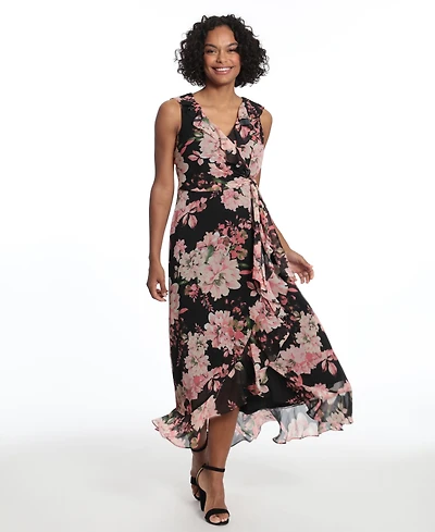 London Times Women's Side Tie Ruffle Wrap V-Neck Dress