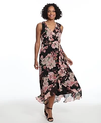 London Times Women's Side Tie Ruffle Wrap V-Neck Dress