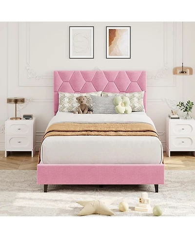 gaomon Pink Twin Bed Frame with Upholstered Headboard, Heavy-Duty Platform Bed Frame with Strong Wood Slats, No Box Spring Needed