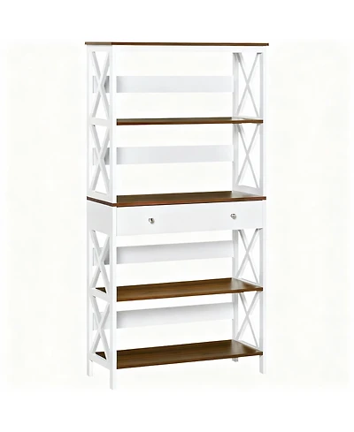 Yigii 4-Tier Walnut & White Bookshelf with Drawer and Stability