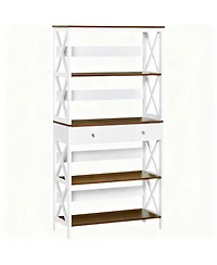 Yigii 4-Tier Walnut & White Bookshelf with Drawer and Stability