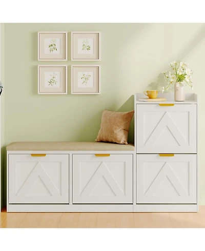 gaomon Farmhouse Shoe Cabinet with Bench, 4 Flip Drawers, Cushioned Seat Shoe Organizer, Freestanding Entryway Storage