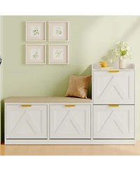 gaomon Farmhouse Shoe Cabinet with Bench, 4 Flip Drawers, Cushioned Seat Shoe Organizer, Freestanding Entryway Storage